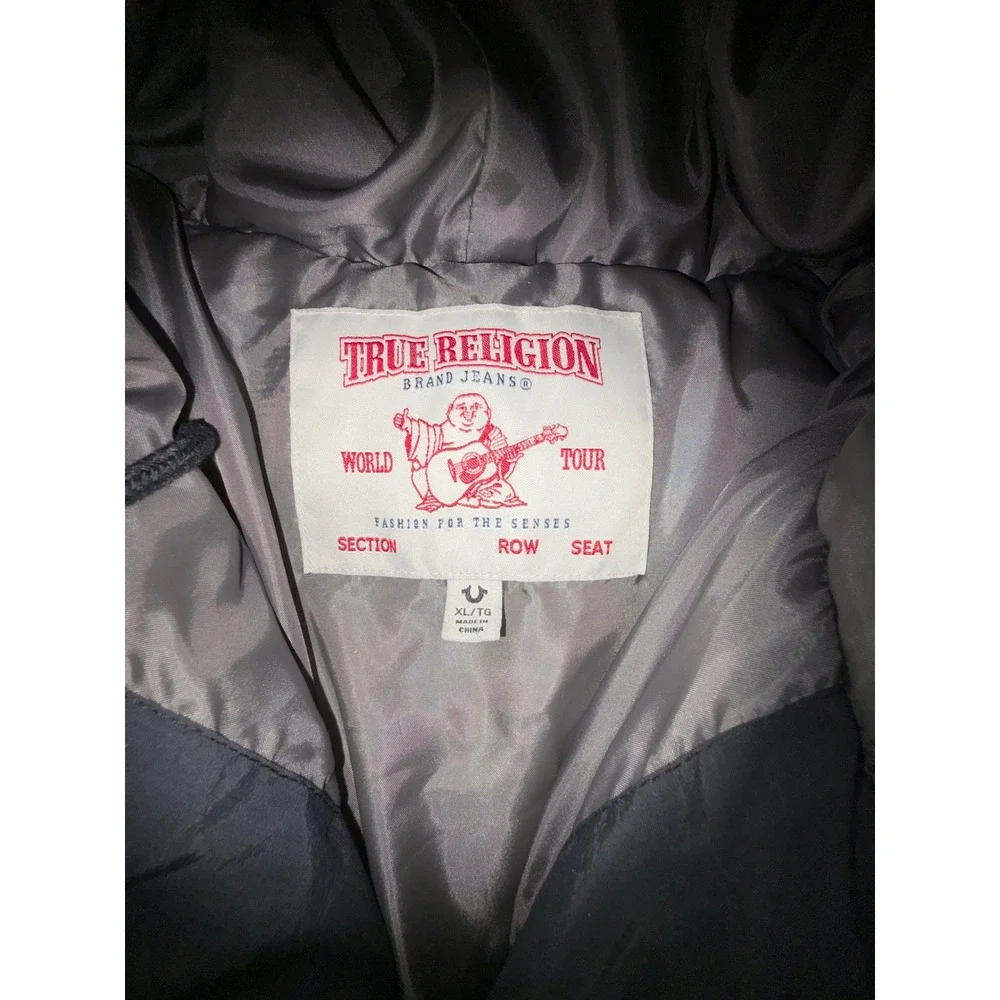 True Religion World Tour Puffer Varsity Jacket Hooded Navy Grey Mens Y2K XL‎